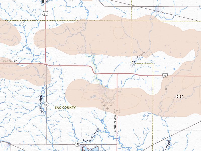 Radar-estimated hail-size map of the storm over Sac City, IA on Jun 16, 2026