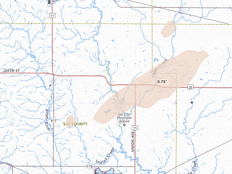 Radar-estimated hail-size map of the storm over Sac City, IA on Jun 27, 2026