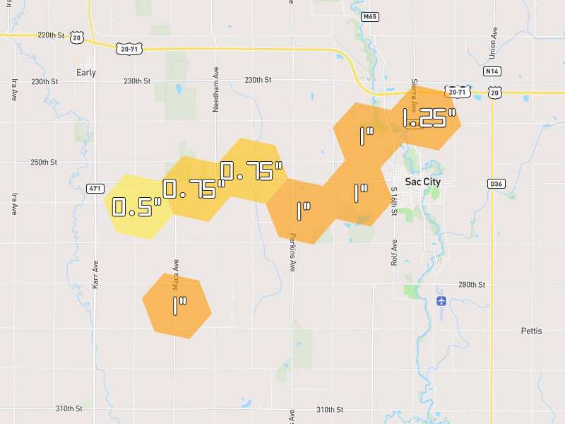 Hail map of Sac City, IA on Jun 28, 2026, hail up to 1.25"