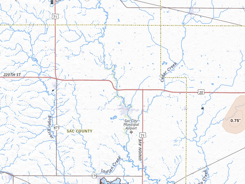 Radar-estimated hail-size map of the storm over Sac City, IA on Jul 2, 2026