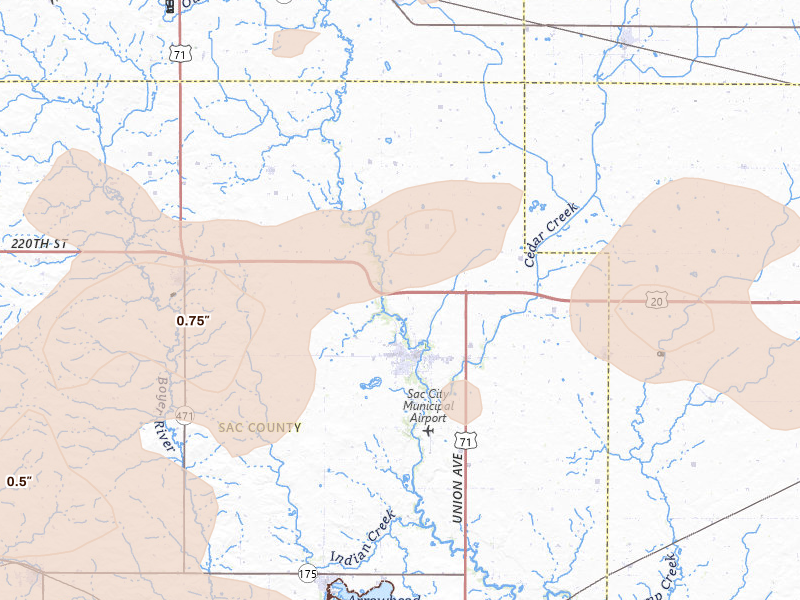 Radar-estimated hail-size map of the storm over Sac City, IA on Jul 8, 2026