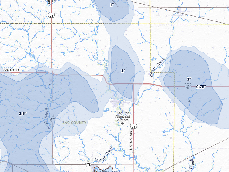NEXRAD radar-signature map of the hail storm over Sac City, IA on Jul 8, 2026