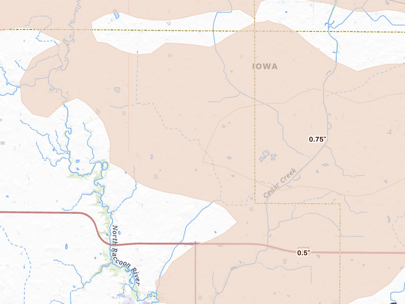 Radar-estimated hail-size map of the storm over Sac City, IA on Aug 10, 2026