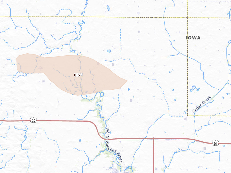 Radar-estimated hail-size map of the storm over Sac City, IA on Aug 12, 2026