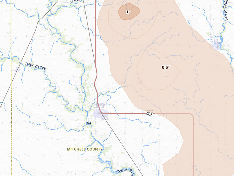 Radar-estimated hail-size map of the storm over Saint Ansgar, IA on May 26, 2026