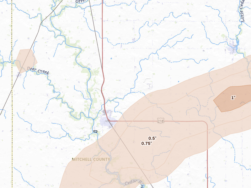 Radar-estimated hail-size map of the storm over Saint Ansgar, IA on Jul 1, 2026