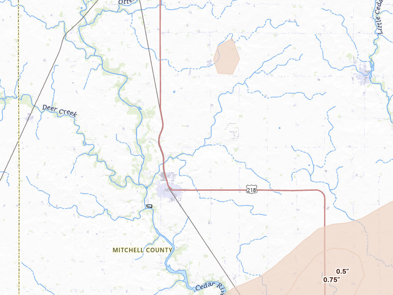 Radar-estimated hail-size map of the storm over Saint Ansgar, IA on Jul 2, 2026