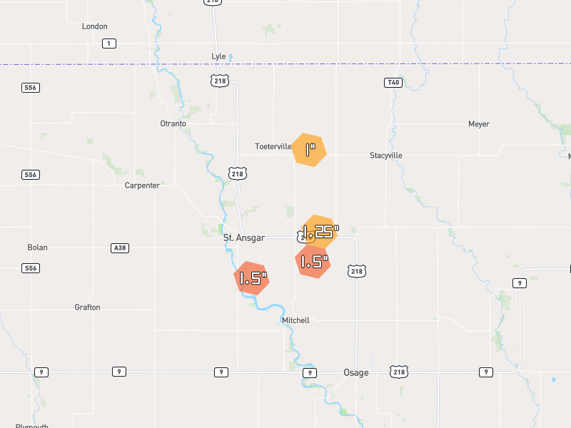 Hail map of Saint Ansgar, IA on Jul 2, 2026, hail up to 1.5"