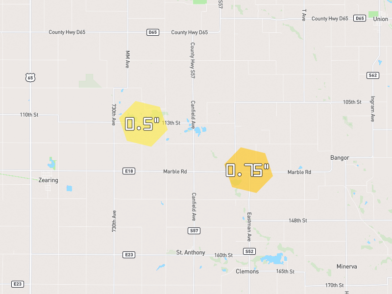 Hail map of Saint Anthony, IA on Jul 2, 2026, hail up to 0.75"