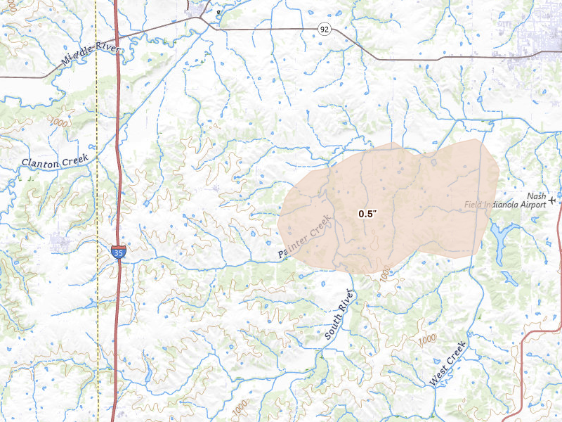 Radar-estimated hail-size map of the storm over Saint Charles, IA on May 15, 2026