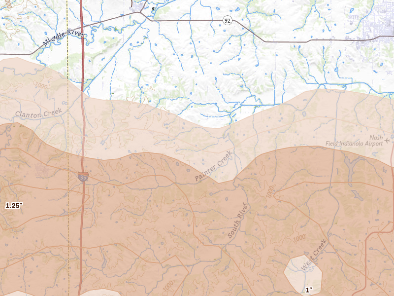 Radar-estimated hail-size map of the storm over Saint Charles, IA on Jun 11, 2026