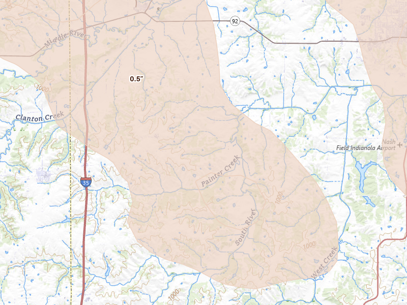 Radar-estimated hail-size map of the storm over Saint Charles, IA on Jul 20, 2026