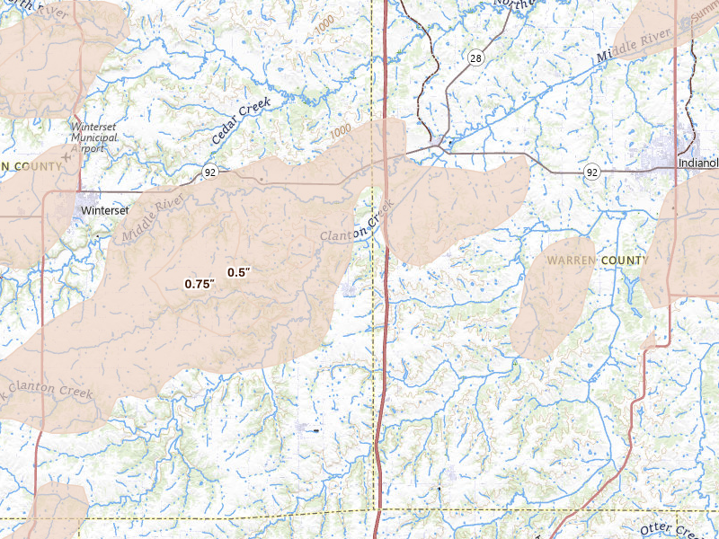 Radar-estimated hail-size map of the storm over Saint Charles, IA on Aug 13, 2026
