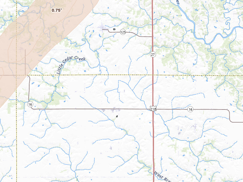 Radar-estimated hail-size map of the storm over Salem, IA on Mar 5, 2026