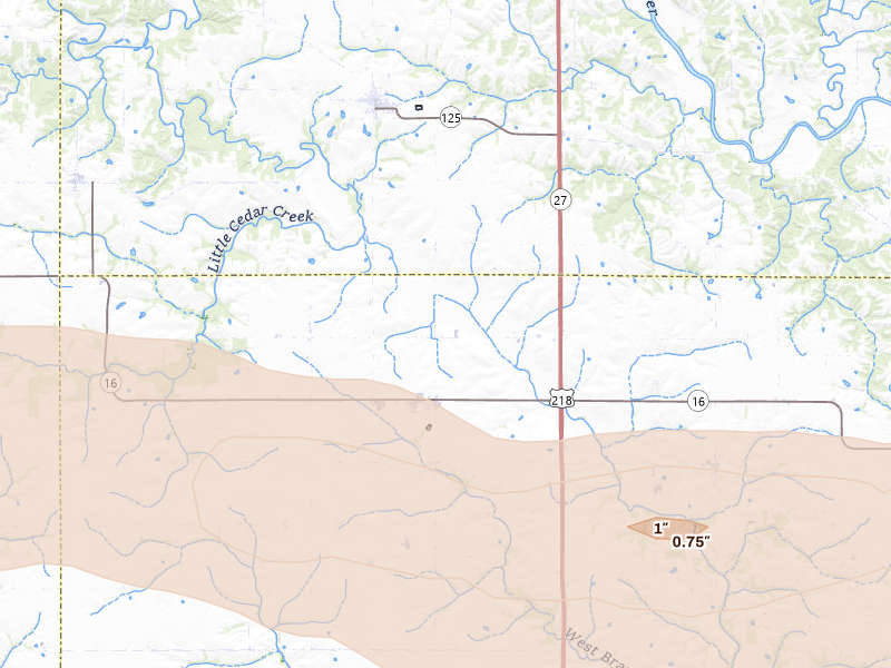 Radar-estimated hail-size map of the storm over Salem, IA on May 4, 2026