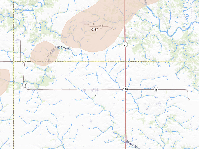Radar-estimated hail-size map of the storm over Salem, IA on Jul 3, 2026