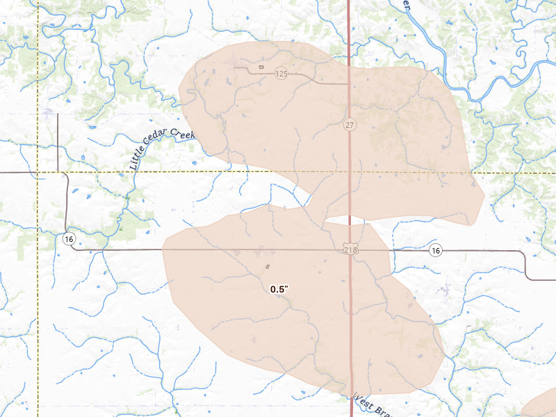 Radar-estimated hail-size map of the storm over Salem, IA on Jul 20, 2026