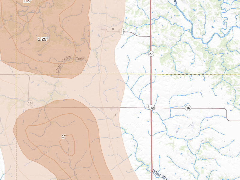 Radar-estimated hail-size map of the storm over Salem, IA on Aug 7, 2026