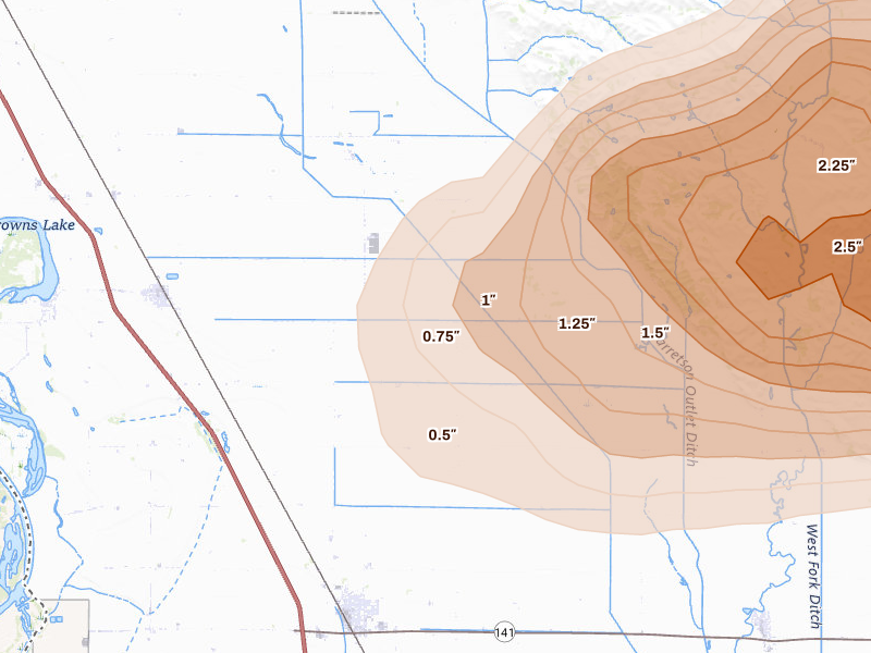 Radar-estimated hail-size map of the storm over Salix, IA on May 15, 2026