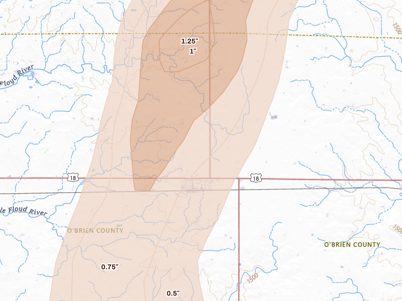 Radar-estimated hail-size map of the storm over Sanborn, IA on Apr 13, 2026