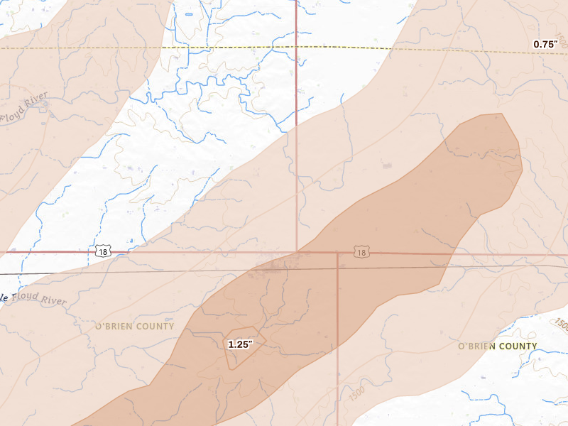 Radar-estimated hail-size map of the storm over Sanborn, IA on May 17, 2026