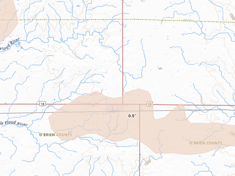Radar-estimated hail-size map of the storm over Sanborn, IA on May 24, 2026