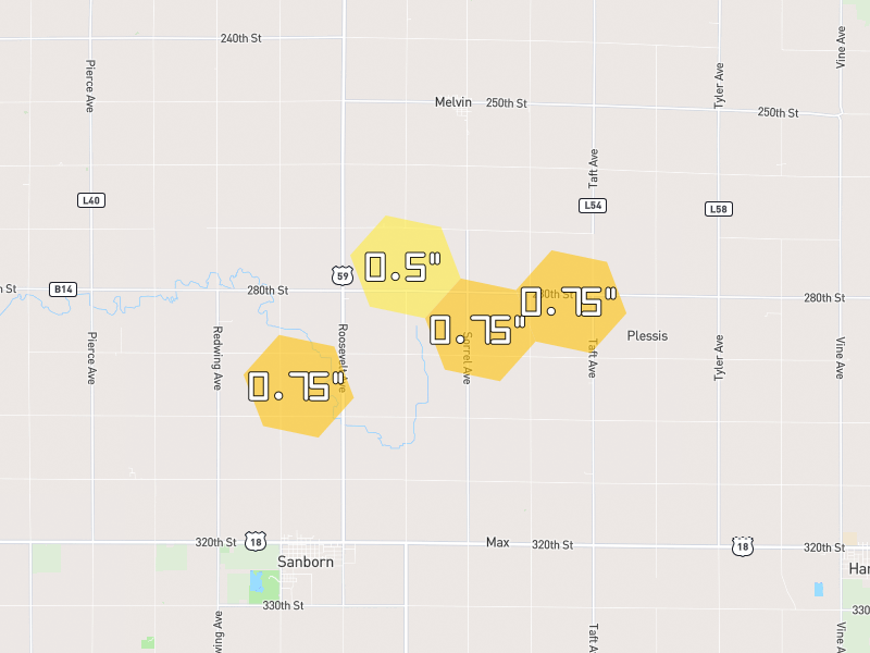 Hail map of Sanborn, IA on Jun 1, 2026, hail up to 0.75"
