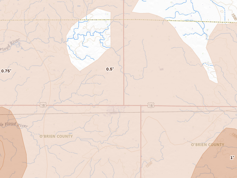 Radar-estimated hail-size map of the storm over Sanborn, IA on Jun 27, 2026
