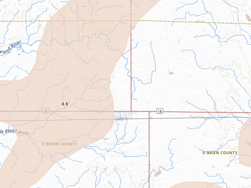 Radar-estimated hail-size map of the storm over Sanborn, IA on Jun 29, 2026