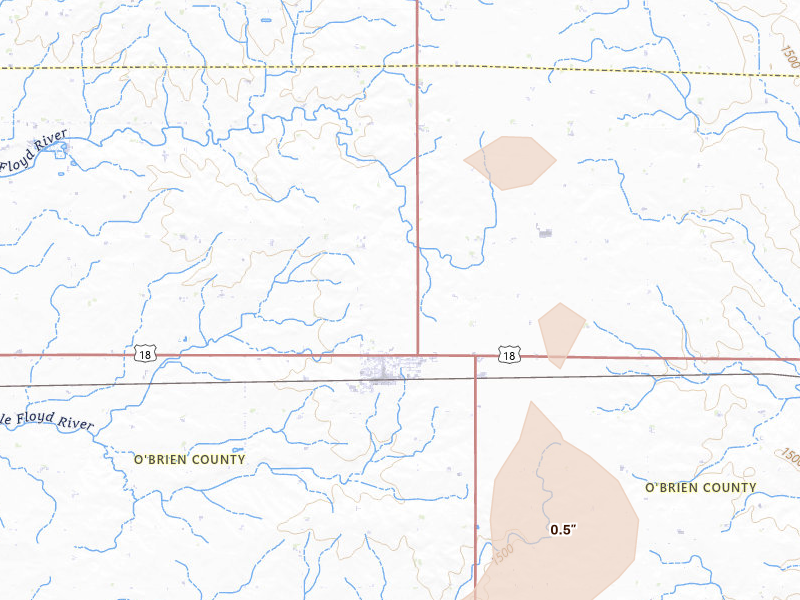 Radar-estimated hail-size map of the storm over Sanborn, IA on Jun 30, 2026