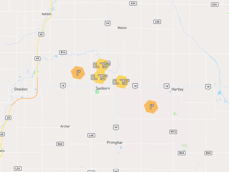 Hail map of Sanborn, IA on Jun 30, 2026, hail up to 1"