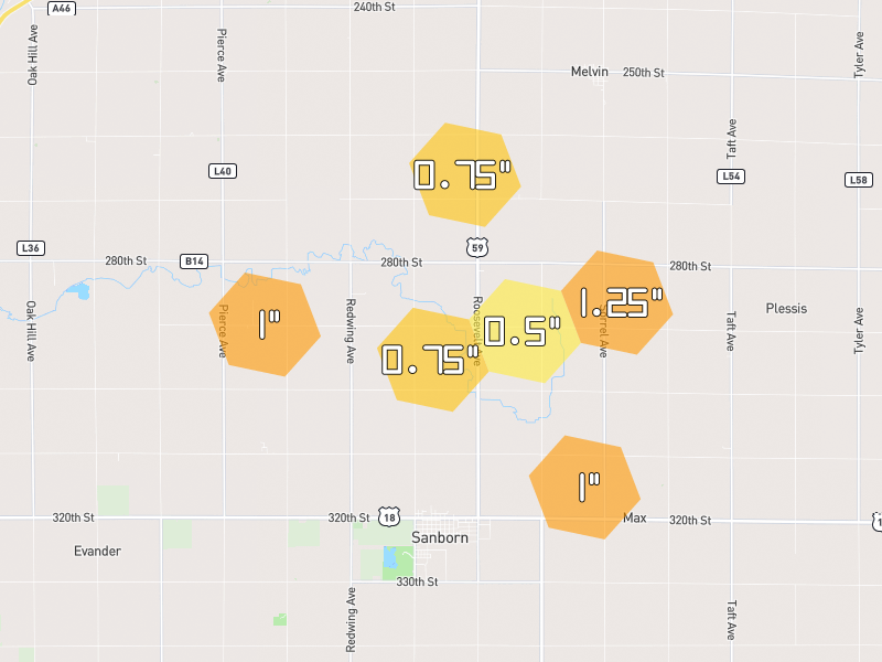 Hail map of Sanborn, IA on Jul 1, 2026, hail up to 1.25"