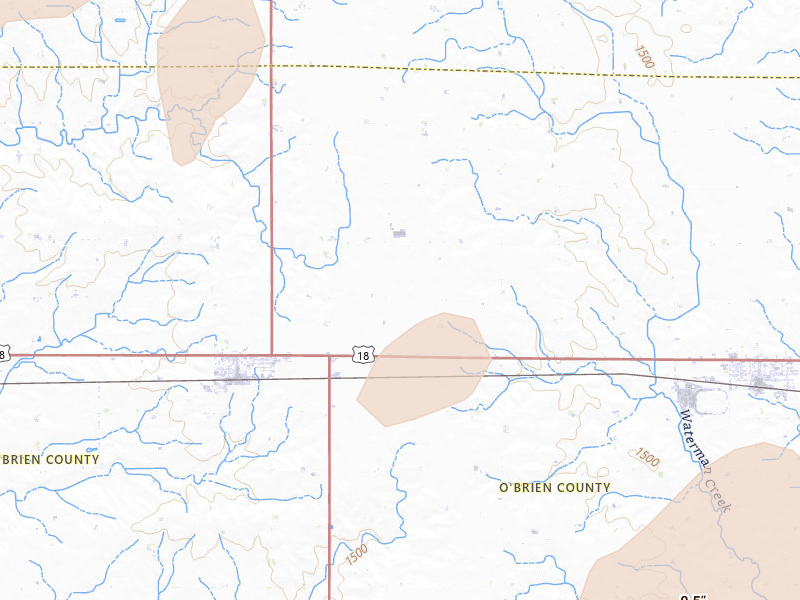Radar-estimated hail-size map of the storm over Sanborn, IA on Aug 3, 2026