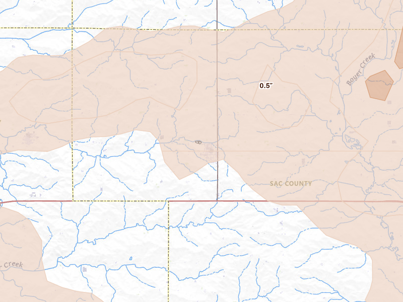Radar-estimated hail-size map of the storm over Schaller, IA on May 15, 2026