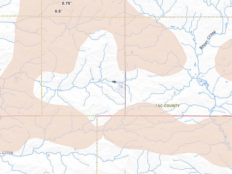 Radar-estimated hail-size map of the storm over Schaller, IA on Jun 16, 2026