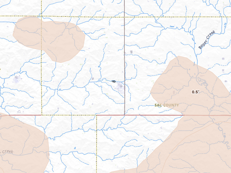 Radar-estimated hail-size map of the storm over Schaller, IA on Jul 8, 2026