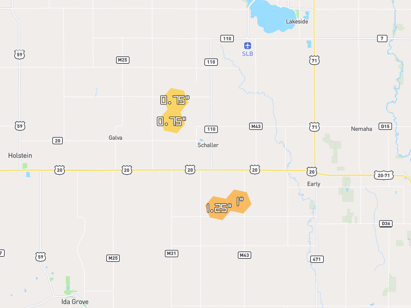 Hail map of Schaller, IA on Jul 8, 2026, hail up to 1.25"