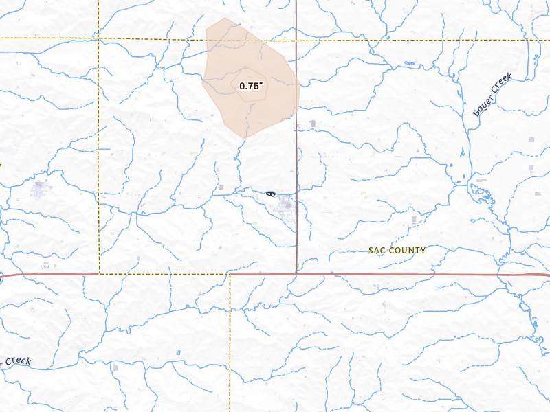 Radar-estimated hail-size map of the storm over Schaller, IA on Aug 6, 2026