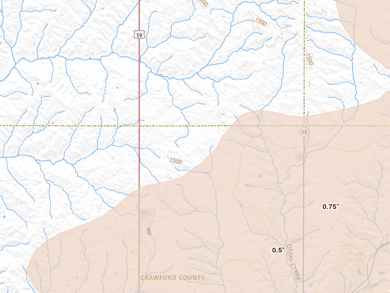 Radar-estimated hail-size map of the storm over Schleswig, IA on Jul 8, 2026