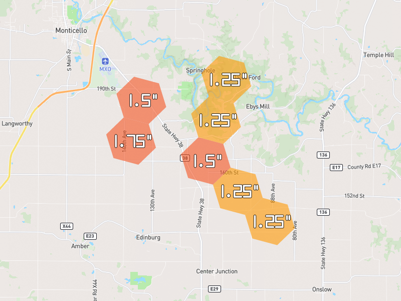 Hail map of Scotch Grove, IA on Jun 28, 2026, hail up to 1.75"
