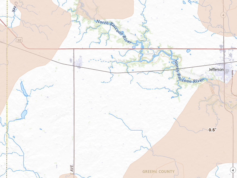 Radar-estimated hail-size map of the storm over Scranton, IA on Apr 23, 2026