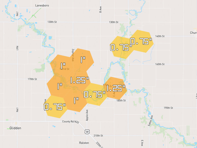 Hail map of Scranton, IA on Jul 4, 2026, hail up to 1.25"