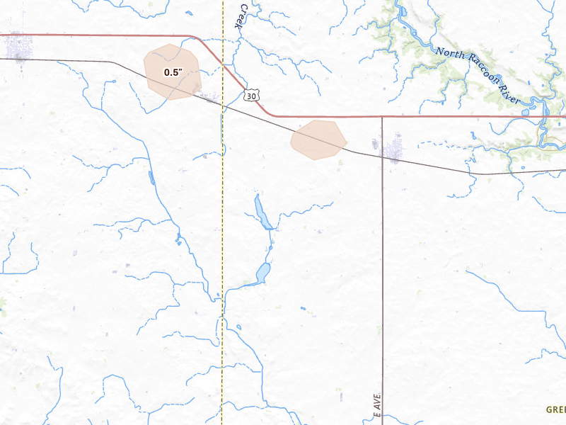 Radar-estimated hail-size map of the storm over Scranton, IA on Aug 8, 2026