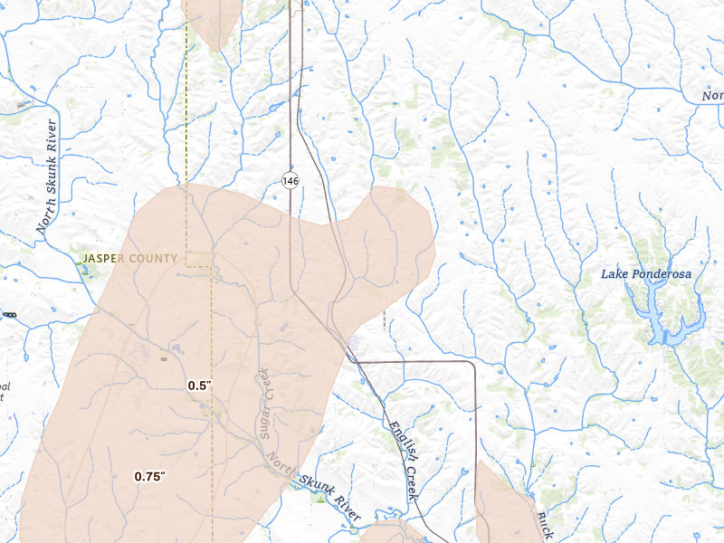 Radar-estimated hail-size map of the storm over Searsboro, IA on Jul 3, 2026