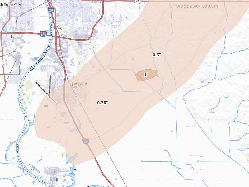 Radar-estimated hail-size map of the storm over Sergeant Bluff, IA on Apr 23, 2026