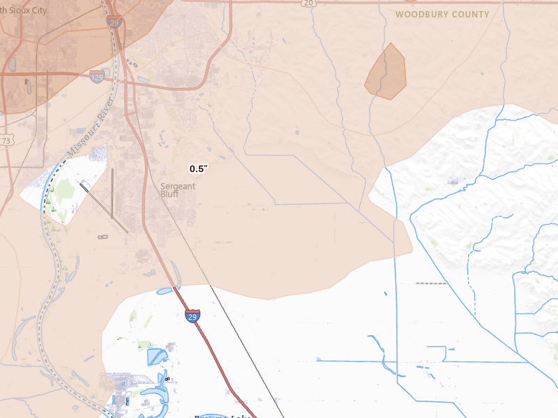 Radar-estimated hail-size map of the storm over Sergeant Bluff, IA on May 17, 2026