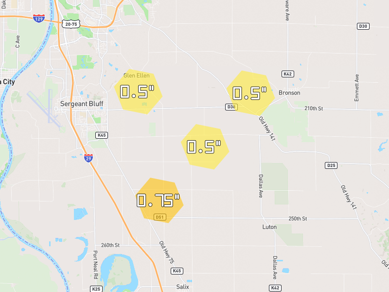 Hail map of Sergeant Bluff, IA on Jun 30, 2026, hail up to 0.75"