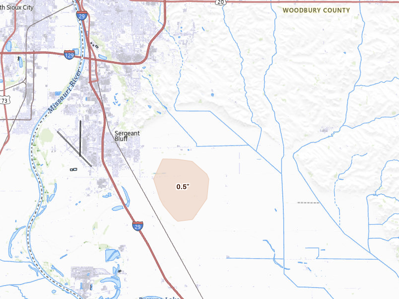 Radar-estimated hail-size map of the storm over Sergeant Bluff, IA on Jul 25, 2026