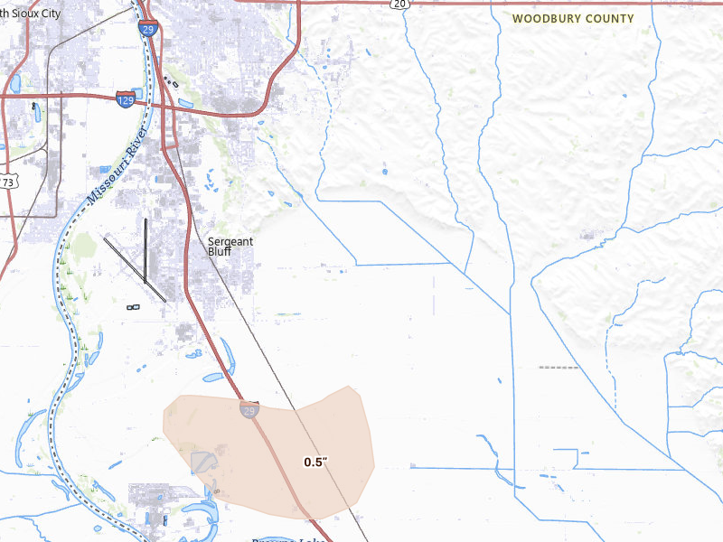 Radar-estimated hail-size map of the storm over Sergeant Bluff, IA on Aug 11, 2026