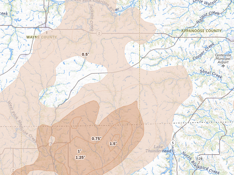 Radar-estimated hail-size map of the storm over Seymour, IA on Apr 17, 2026